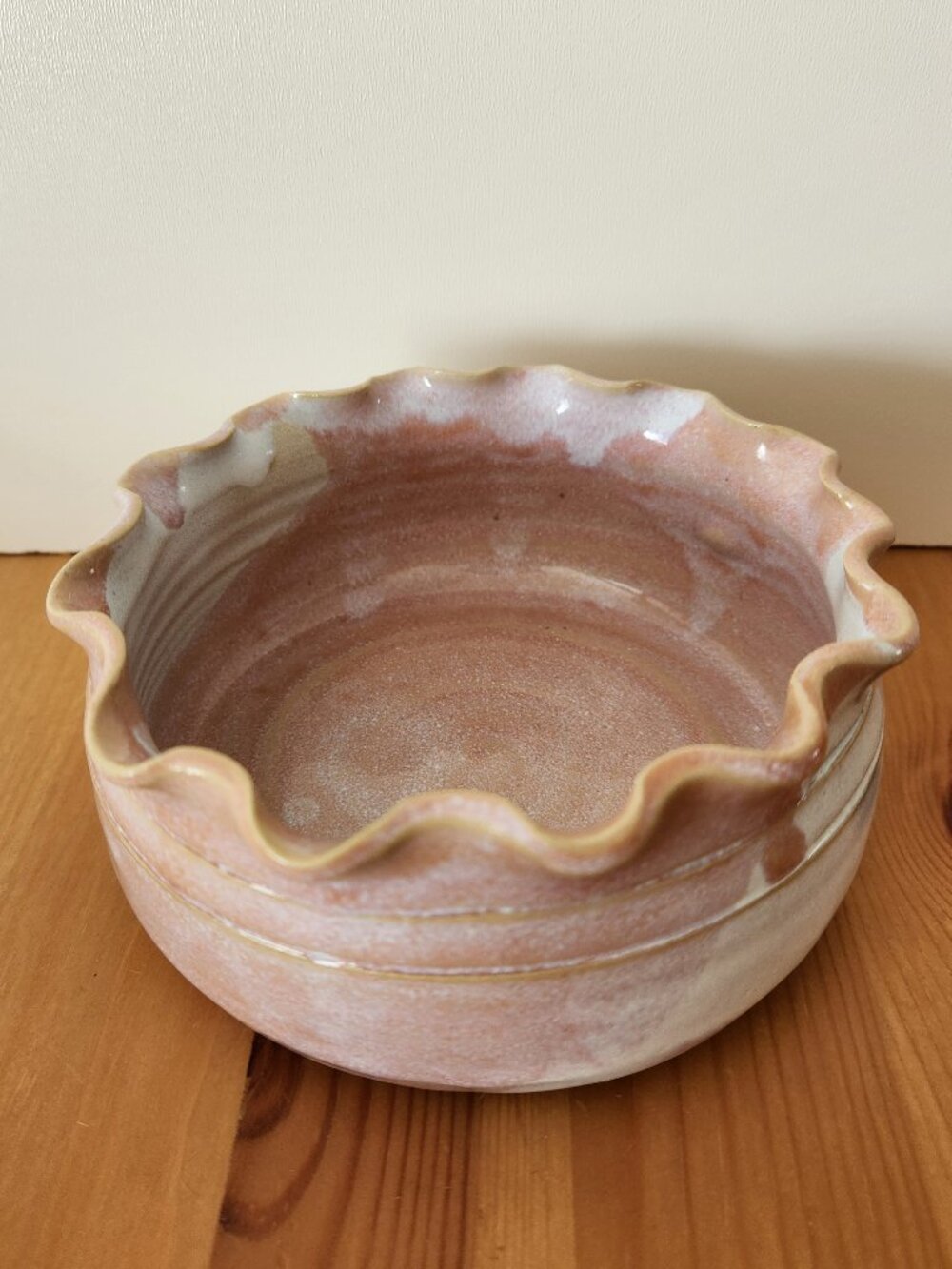 Vintage Dove Pottery Signed Pink Ruffled Edge Pottery Dish